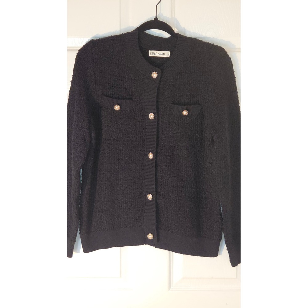 Grace Karin Black Boucle Knit Cardigan Faux Pearl Buttons Size L